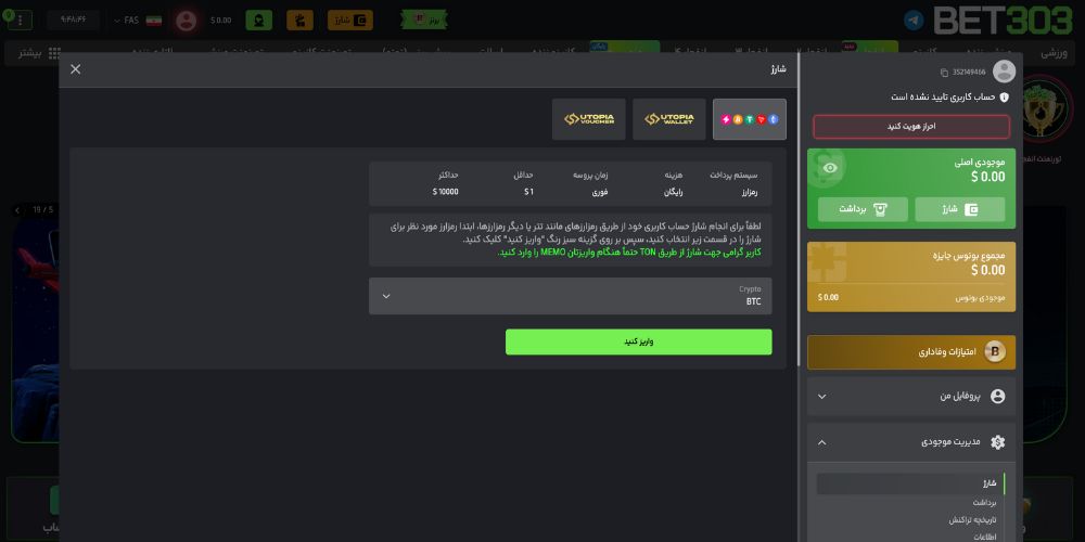 راهنمای واریز به حساب بت ۳۰۳ با ارزهای دیجیتال مانند تتر (USDT) و بیت کوین (BTC)
